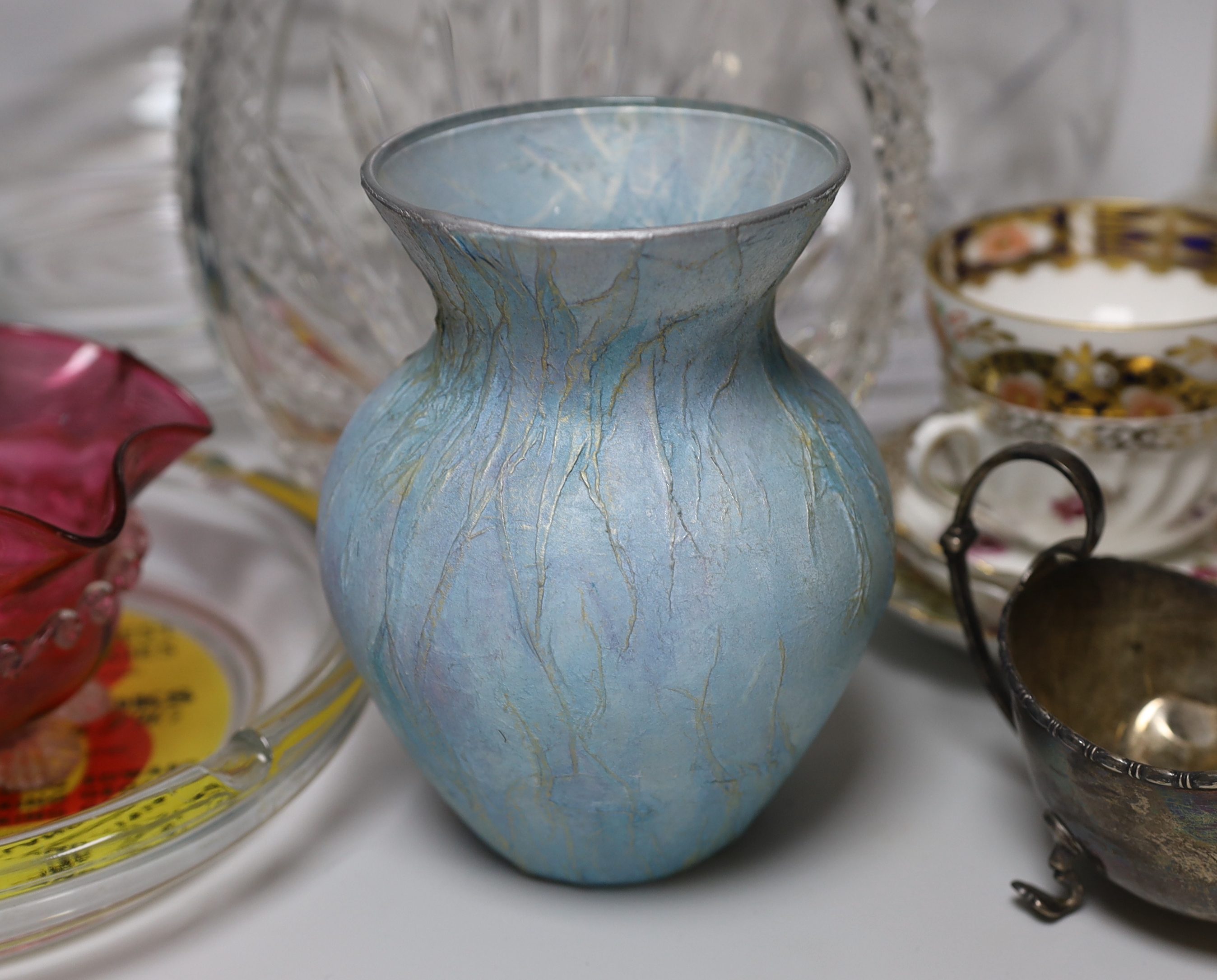 A boxed Tiffany glassvase other glassware and porcelain tea wares, Tiffany vase 23cm high